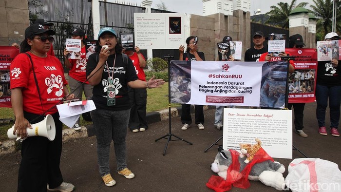 Peserta aksi dari komunitas Dog Meat Free Indonesia menggelar unjuk rasa di depan Gedung DPR/MPR, Jakarta, Kamis (12/2/2026).