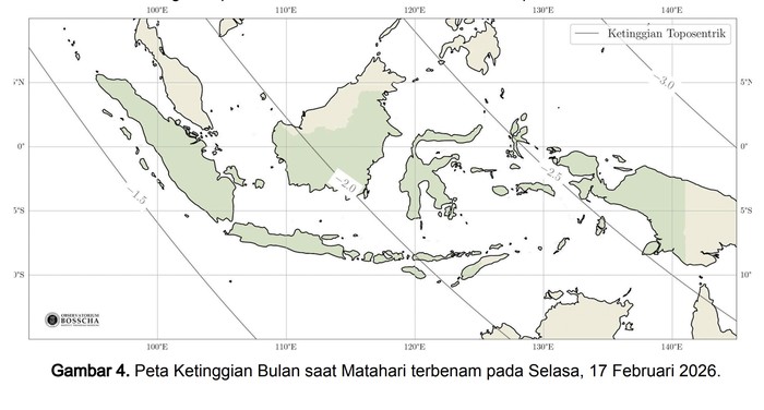 Peta ketinggian bulan saat matahari terbenam pada Selasa, 17 Februari 2026 yang dikeluarkan Observatorium Bosscha Institut Teknologi Bandung (ITB).