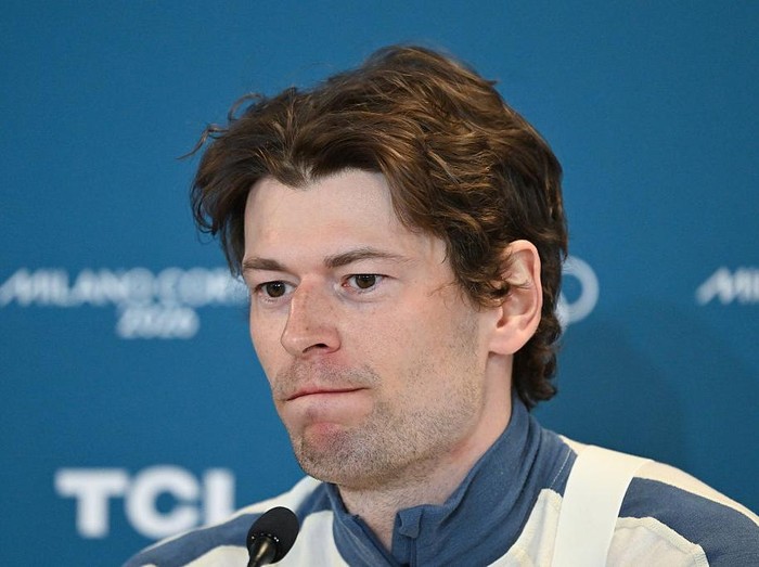 10 February 2026, Italy, Antholz: Olympia, Olympic Winter Games Milan Cortina 2026, biathlon, individual 20 km, men, third-placed Sturla Holm Laegreid from Norway speaks at a press conference. Photo: Hendrik Schmidt/dpa (Photo by Hendrik Schmidt/picture alliance via Getty Images)