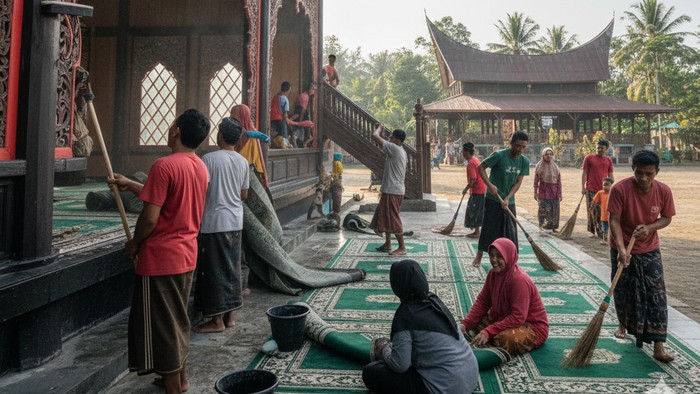 (Foto: ilustrasi Gemini ai membersihkan masjid)