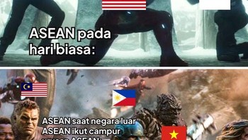 Adegan film Avengers dijadikan meme untuk menggambarkan perbedaan situasi: “ASEAN pada hari biasa” versus ketika pihak luar ikut campur. Foto: X.com