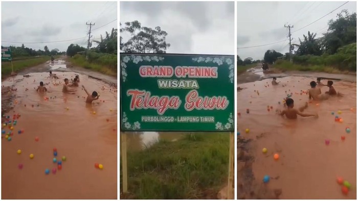 Warga jadikan jalan berlubang di Lampung Timur sebagai tempat bermain wahana