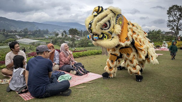 Pengunjung menyaksikan atraksi barongsai di objek wisata Tepi Gunung Nature Park, Cisarua, Kabupaten Bandung Barat, Jawa Barat, Minggu (15/2/2026). Atraksi barongsai di objek wisata tersebut untuk menghibur pengunjung sekaligus menyambut Tahun Baru Imlek 2577 Kongzili yang jatuh pada Selasa (17/2) mendatang. ANTARA FOTO/Abdan Syakura/foc.