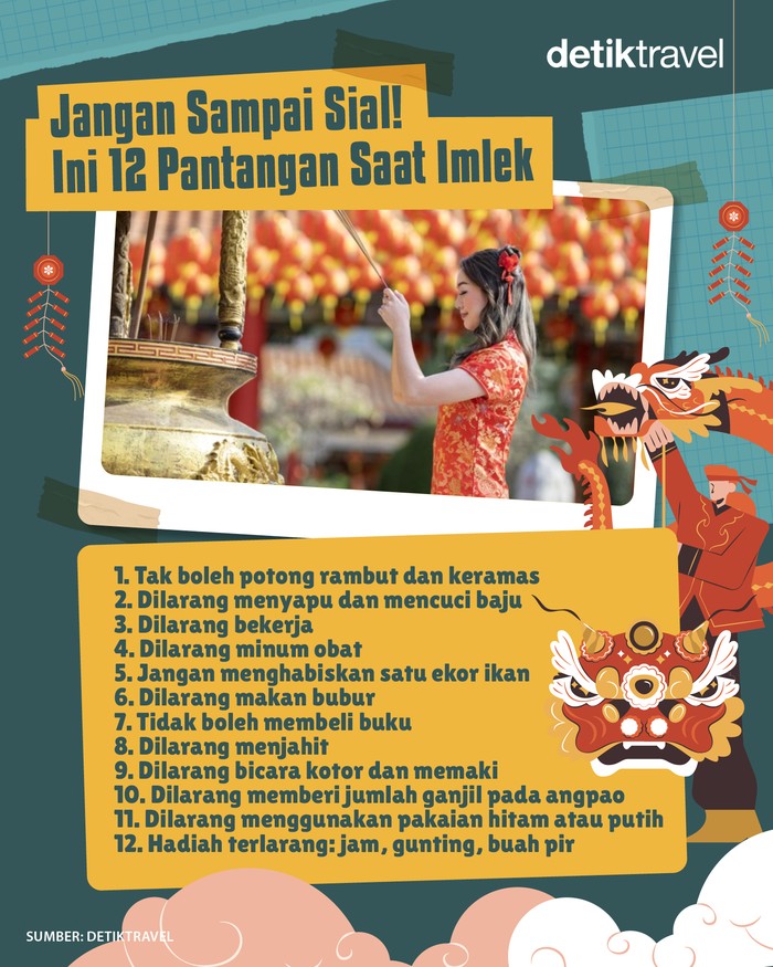 Perayaan Imlek identik dengan tradisi dan kepercayaan turun-temurun. Simak 12 pantangan saat Imlek yang diyakini bisa bikin sial jika dilanggar.