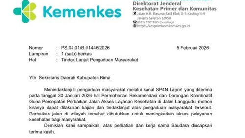 Surat Kemenkes untuk Pemerintah Kabupaten Bima, pada 5 Februari 2026. (Istimewa)