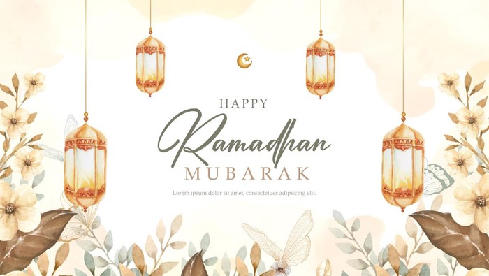 Ilustrasi poster dan ucapan selamat menyambut bulan suci Ramadhan.