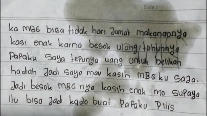Siswi MTs Biromaru, Nur Rahmadani, viral setelah meminta menu Makan Bergizi Gratis yang enak untuk kado ulang tahun ayahnya.