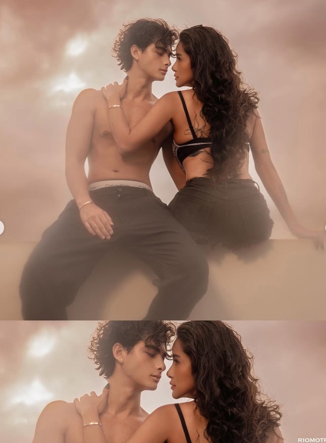 Sementara Tristan tampil minimalis dengan gaya shirtless, memperlihatkan tubuh atletisnya. Ia hanya mengenakan celana hitam yang senada dengan bawahan Olla. Foto: Instagram/@riomotret