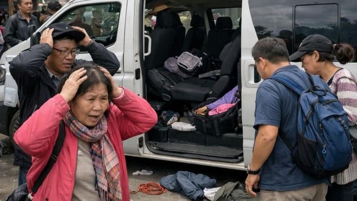 Sejumlah turis Thailand panik setelah tahu koper di dalam mobil mereka hilang dicuri.