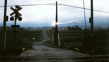 Kilat bercabang terlihat menyambar cakrawala di area perlintasan rel kereta pedesaan. Cahaya terang yang tertangkap kamera memicu spekulasi karena bentuknya menyerupai semburan energi di tengah langit mendung. Foto: Boredpanda