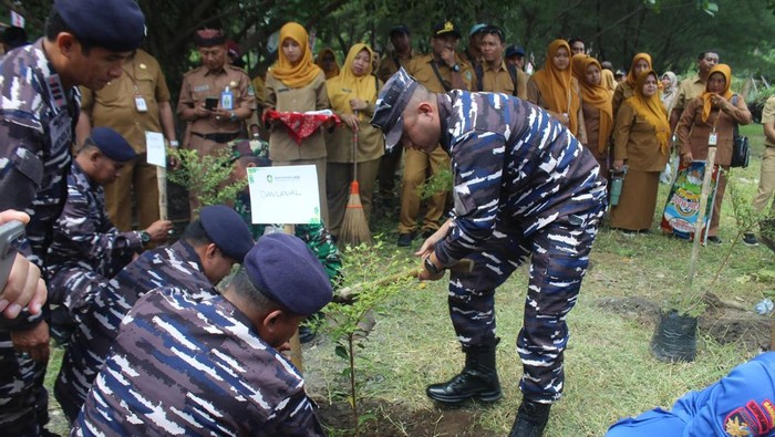 Komandan Lanal Banyuwangi saat membersihkan dan menanam pohon di pantai wisata GWD Banyuwangi