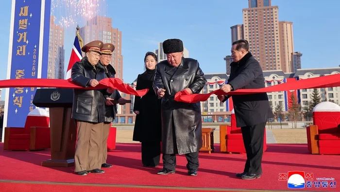 North Korean leader Kim Jong Un during a ceremony to unveil Saeppyol Street in Pyongyang on Sunday