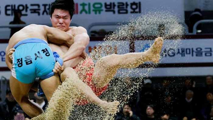 Ssireum wrestlers, athletes of Korea's traditional wrestling, compete during a Lunar New Year Ssireum championship at the Taean Complex Indoor Gymnasium in Taean, South Korea, February 14, 2026. REUTERS/Kim Soo-hyeon     TPX IMAGES OF THE DAY