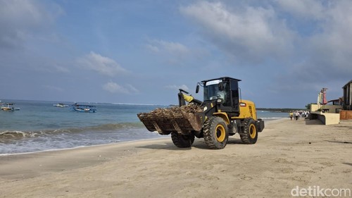Kegiatan bersih-bersih Pantai Kelan, Badung yang diinisiasi InJourney Airports bersama Pandawara Group pada Rabu (18/2/2026). (Fabiola Dianira).