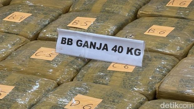 Polres Tangsel mengungkap kasus peredaran narkoba lintas provinsi di Tol Bitung-Serpong, Tangsel, Banten. Polisi menyita sebanyak 40 kg narkotika jenis ganja. (Rachma I/detikcom)