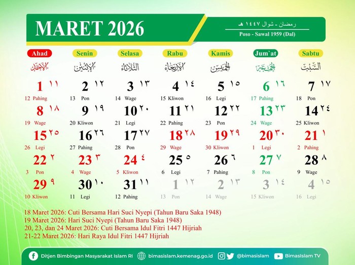 Kalender Maret 2026 Kemenag