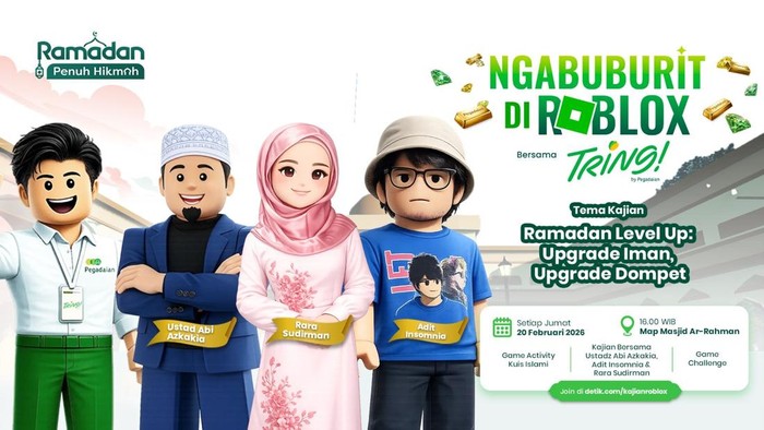 detikcom kembali menggelar Kajian Roblox hari ini, Jumat, 20 Februari 2026. Aktivitas di dalamnya semakin seru nih. Sekarang gamer akan ditantang untuk berburu emas di dalam permainan.