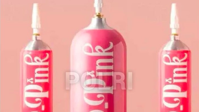 Ilustrasi tabung whip pink yang berisi gas dinitrous oxide (N20) yang mempunyai efek berbahaya (dok Polri)