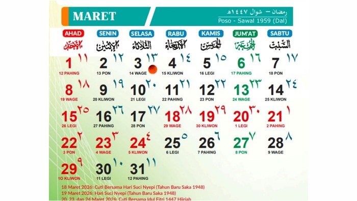 Kalender Maret 2026