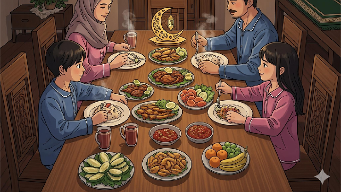 Ilustrasi sahur bersama di bulan Ramadan.