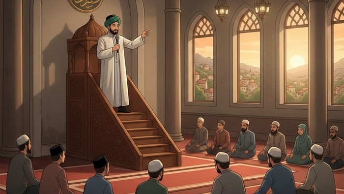 Ilustrasi kultum dan khutbah di masjid. (Gemini AI)