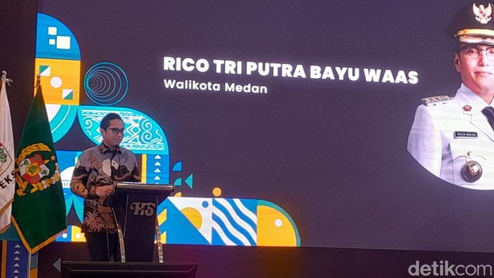 Keterangan foto: Wali Kota Medan Rico Waas sambutan dalam pembukaan Pra Rakernas XVIII Apeksi di Kota Medan (Nizar Aldi/detikSumut)