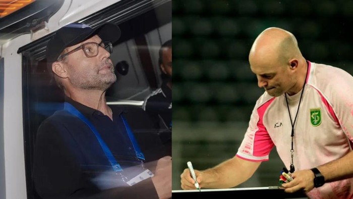 Pelatih PSM Makassar Tomas Trucha dan Pelatih Persebaya Surabaya Bernardo Tavares.