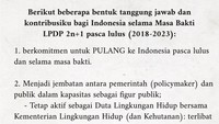 Tasya Kamila menuliskan dalam tujuh poin kontribusi dirinya untuk Indonesia selama masa bakti LPDP. Poin pertama adalah berkomitmen untuk pulang ke Indonesia setelah lulus. Foto: Instagram @tasyakamila