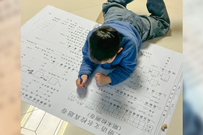 Viral seorang anak di China mengerjakan PR di lembar kertas yang besar