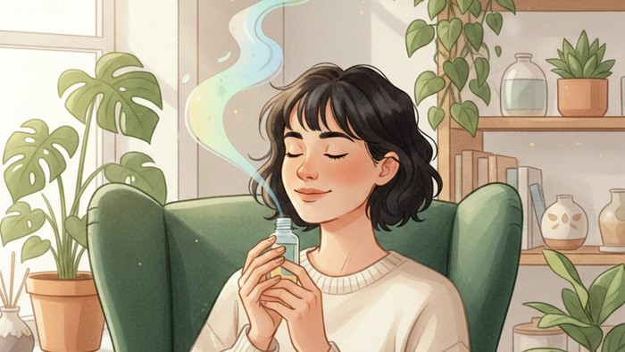 Ilustrasi seseorang meghirup minyak angin aromaterapi