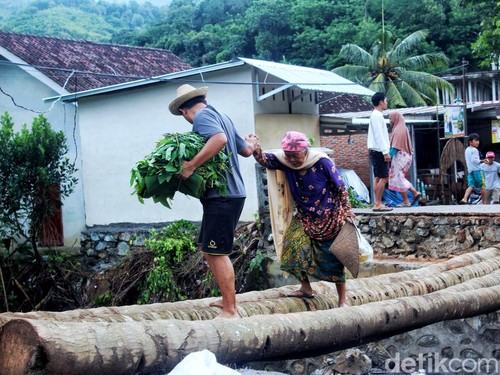 Momen warga dan lansia menyeberang sungai lewat jembatan darurat batang pohon kelapa di Kecamatan Lembar, Lombok Barat, NTB, Rabu (25/2/2026).