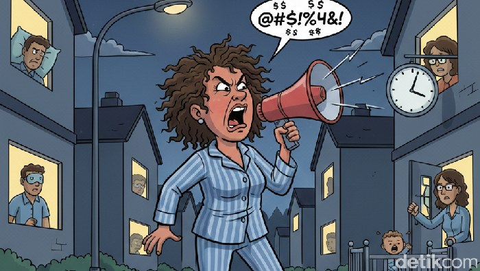 Ilustrasi wanita mengganggu tetangga saat malam.