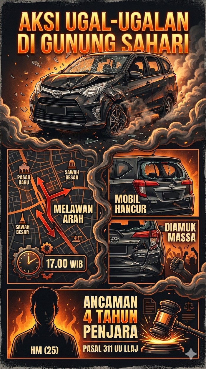 Mobil Toyota Calya hitam berkendara secara ugal-ugalan dengan melawan arah hingga menabrak-nabrak sejumlah kendaraan di Gunung Sahari, Jakarta Pusat. Mobil tersebut sempat menjadi sasaran amuk massa hingga kondisinya hancur.