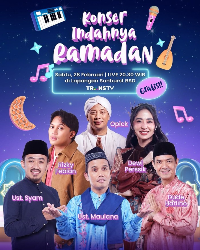 Trans TV menggelar Konser Indahnya Ramadan pada 28 Februari 2026 di BSD. Nikmati penampilan Opick, Rizky Febian, dan bazar makanan. Gratis!
