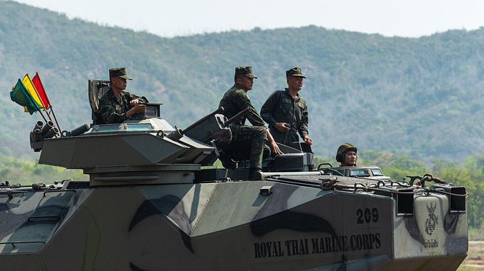 CHONBURI, THAILAND - 2026/02/26: Fire is viewed as the Thai Marines participate in an amphibious assault exercise as part of the Cobra Gold 2026 joint military exercise at the military base in Sattahip, Chonburi. The Cobra Gold exercise is the largest joint multilateral military exercise in Southeast Asia, co-hosted annually in Thailand by the Royal Thai Armed Forces (RTARF) and the U.S. Indo-Pacific Command. (Photo by Peerapon Boonyakiat/SOPA Images/LightRocket via Getty Images)