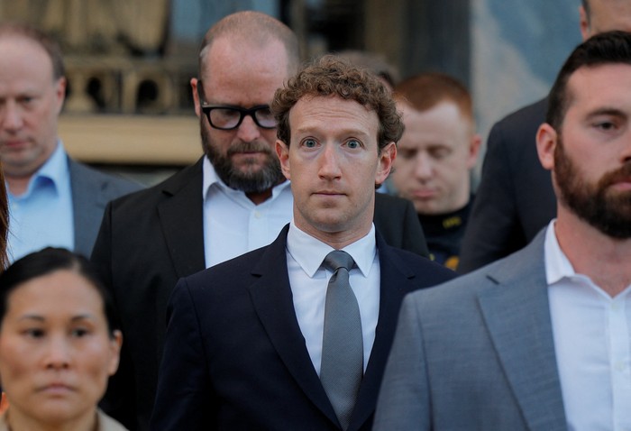 Meta Platforms CEO Mark Zuckerberg departs the court after taking the stand at a trial in a key test case accusing Meta and Googles YouTube of harming kids mental health through addictive platforms, in Los Angeles, California, U.S., February 18, 2026. REUTERS/Mike Blake
