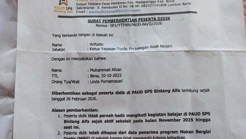Surat pemberhentian anak dari PAUD SPS Bintang Alfa, Desa Madawau,Kecamatan Madapangga, Kabupaten Bima, NTB. (Istimewa).
