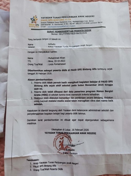 Surat pemberhentian anak dari PAUD SPS Bintang Alfa, Desa Madawau,Kecamatan Madapangga, Kabupaten Bima, NTB. (Istimewa).