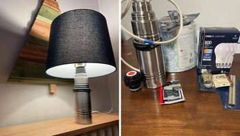 Termos minum bekas disulap jadi lampu meja lengkap dengan kap lampu di atasnya. Dari wadah kopi panas berubah jadi penerang kamar, kariernya lumayan juga. Dok. BoredPanda