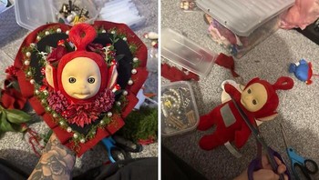 Boneka merah ini dipotong-potong lalu disusun jadi hiasan berbentuk hati. Niatnya mungkin lucu, tapi hasilnya malah kayak properti film horor low budget. Dok. BoredPanda
