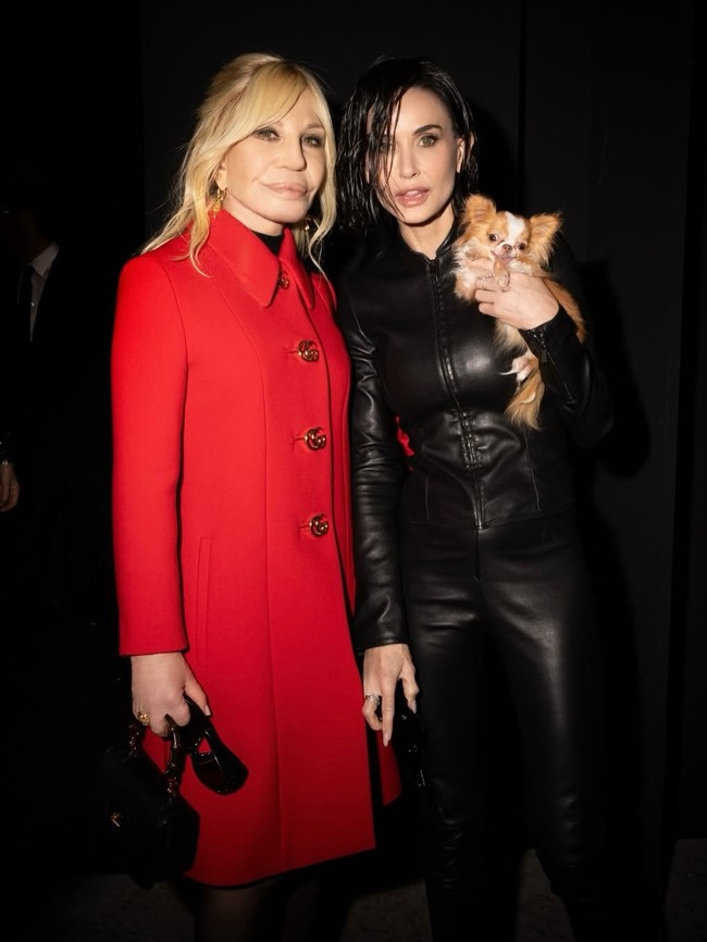 Sementara untuk busana, aktris 63 tahun tersebut memakai setelan kulit hitam. Mantan istri Bruce Willis tersebut mengenakan  jaket dan celana pas badan beserta purse dan high heels senaada.Foto: Instagram @demimoore