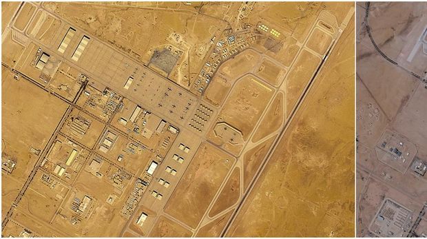 Gambar gabungan dari citra satelit menunjukkan pesawat-pesawat di Pangkalan Udara Pangeran Sultan di Arab Saudi pada 17 Februari 2026 (kiri), dan pada 21 Februari 2026 (kanan). (Planet Labs PBC/Handout via REUTERS)