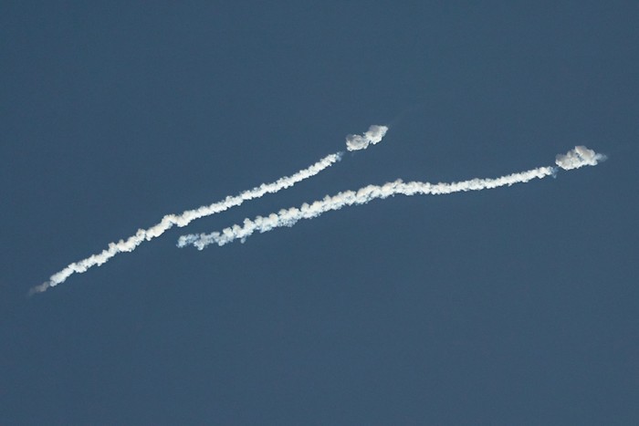 Smoke from a reported rocket interception is seen in the sky over Abu Dhabi on February 28, 2026. The United States and Israel launched strikes against Iran on February 28, with Israels public broadcaster reporting that the Iranian supreme leader ha