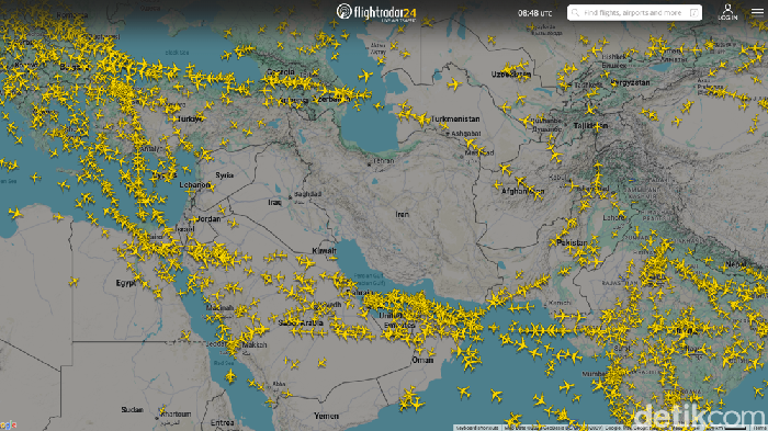 Wilayah Udara Iran di Aplikasi Flightradar24 Sabtu 28 Februari 2026