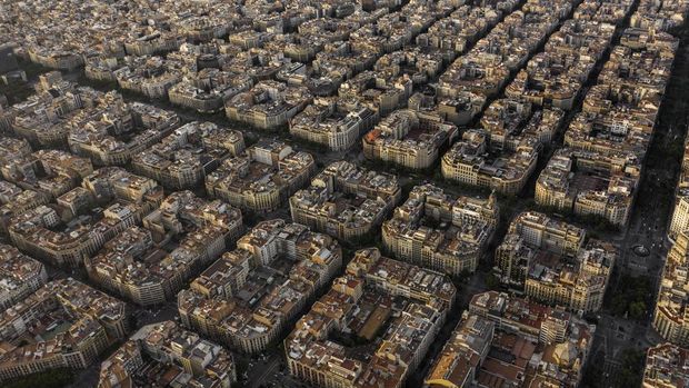 Barcelona City in Spain seem from the air, showing the impressive architecture and block systems of the apartments and offices in the busy Spanish metropolis