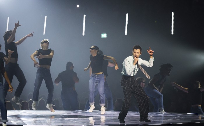 Harry Styles performs during the BRIT Awards at the Co-op Live Arena, in Manchester, Britain, February 28, 2026. REUTERS/Isabel Infantes