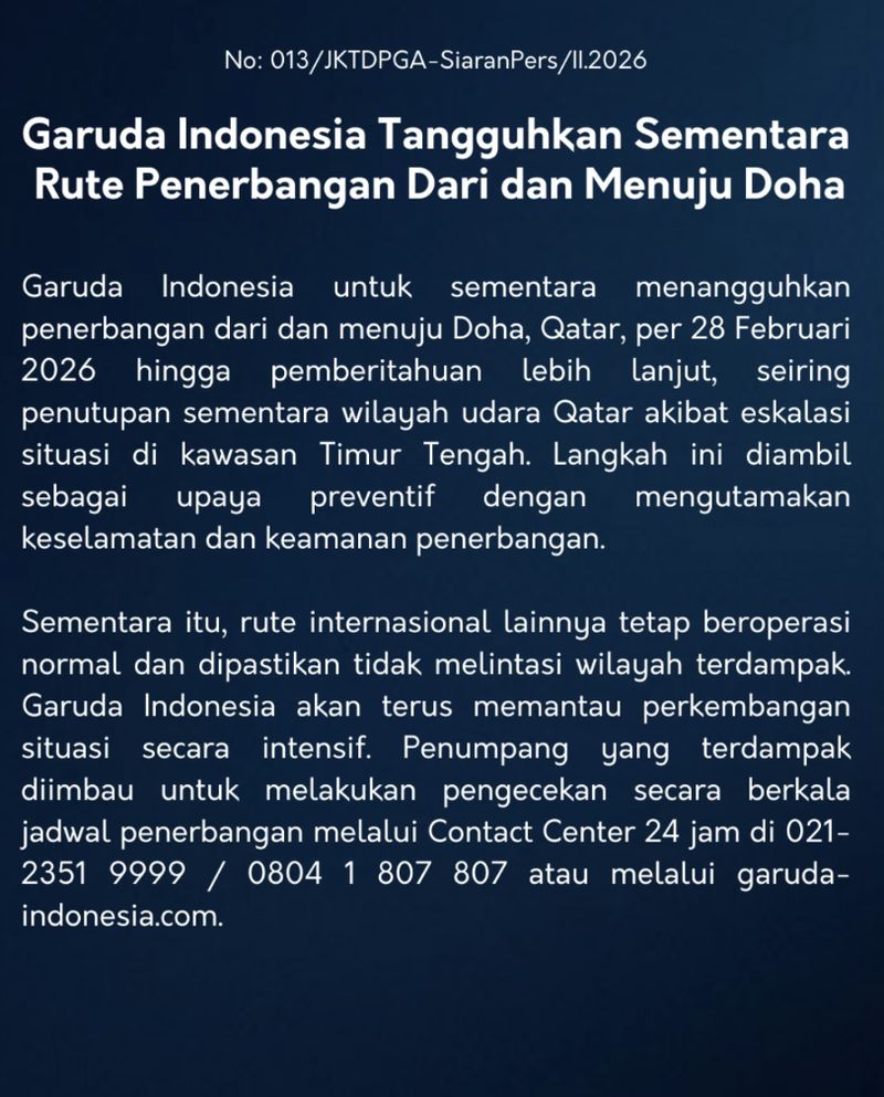 Tangkapan layar pengumuman Garuda Indonesia membatalkan penerbangan dari dan ke Doha.