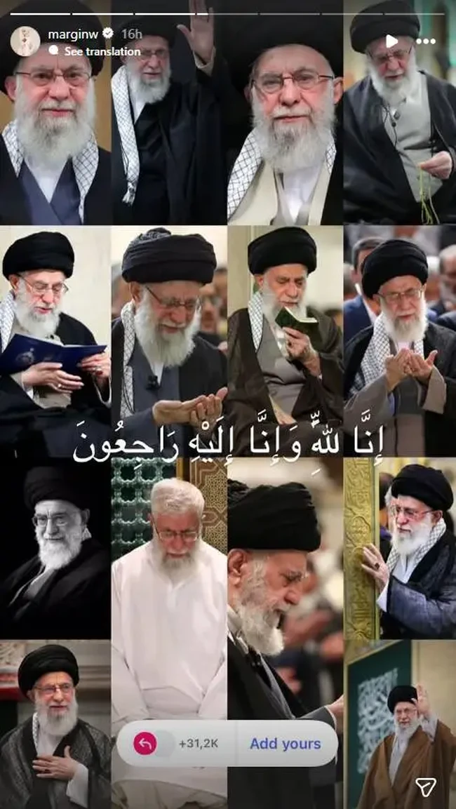Istri Ali Syakieb, Margin Wieeherm ikut menyuarakan dukanya melalui Instagram Story. Ia terlihat mengunggah foto Ali Khamenei dengan tulisan aksara Arab. Foto: Instagram