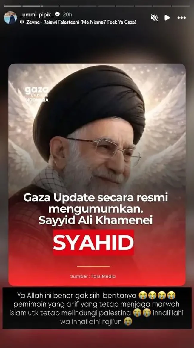Umi Pipik turut me-repost kabar meninggalnya Ali Khamenei ke Instagram Story. Ia juga mengungkapkan rasa berdukanya terkait kepergian Ali Khamenei. Foto: Instagram