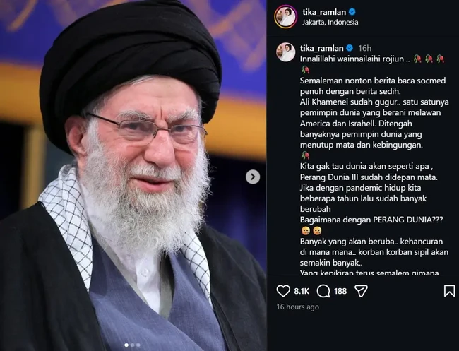 Tika Ramlan eks T2 membuat unggahan spesial di akun Instagramnya untuk mengenang kepergian Ali Khamenei. Ia juga menuliskan keterangan cukup panjang terkait meninggalnya pemimpin Iran. Foto: Instagram